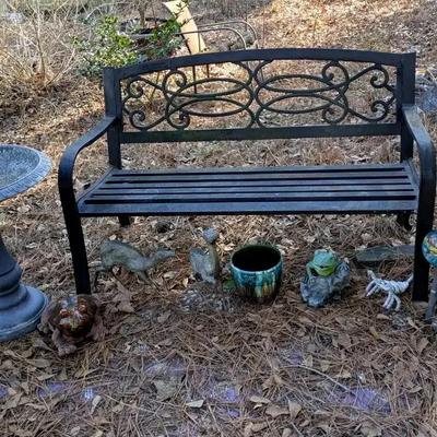 Outdoor Yard Décor Collection featuring Metal Bench, Bird Bath & Decorative Accents