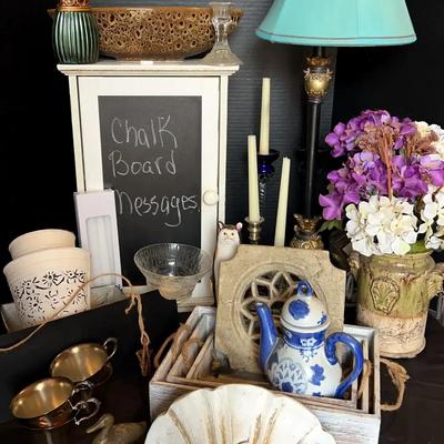 Kitchen Décor Collection Featuring Chalkboard Cabinet and Decorative Accents