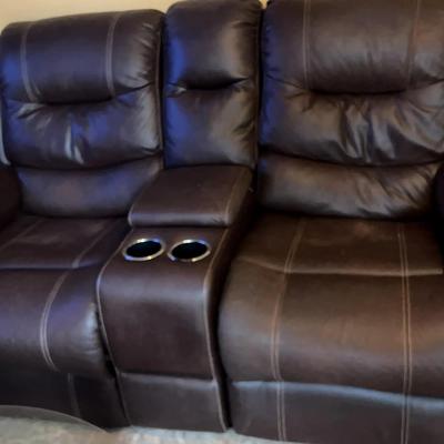 Brown Leather-Like Reclining Loveseat with Center Console and Cupholders