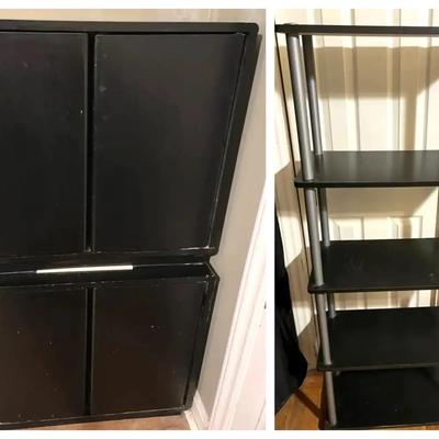 Painted Black Wooden Storage Cabinets with CDs and Five-Tier Faux-Wood Shelf