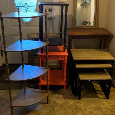 Mixed Furniture & Décor Group with Tables, Mirrors & Corner Shelving Unit