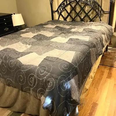 Metal Bed Frame with Black Wrought Iron Headboard Featuring Lattice and Leaf Design