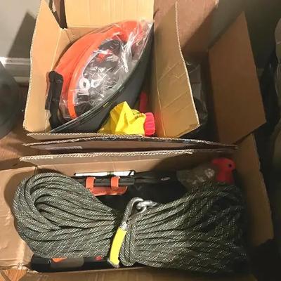 Tree Climbing Gear Collection with Climbing Spikes, Ropes, and Samurai Pruning Saw