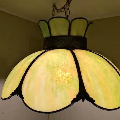 Green Stained Glass Hanging Light with Detailed Metal Hardware and Globe