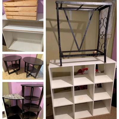 Storage Furniture Collection with 9-Cubby Shelf, Tables, Wooden Crate, and Metal Aquarium Stand