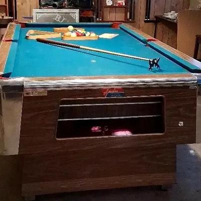 American Full-Size Pool Table with Wall Cue Racks and Pool Cues