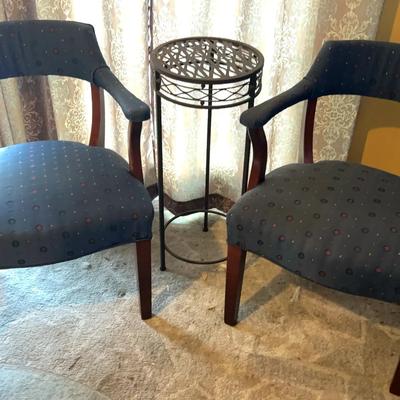 Pair of Upholstered Accent Chairs with Decorative Metal Plant Stand