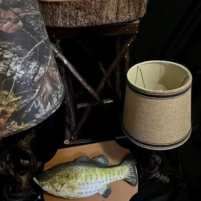 Rustic Décor Group featuring Wooden Base Lamps, Accent Stool & Big Mouth Billy Bass