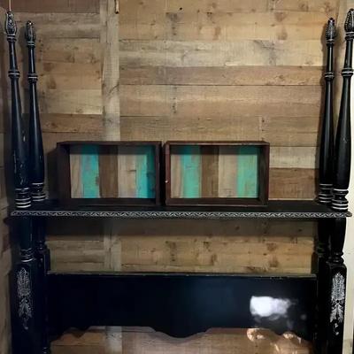 Repurposed Ornately Painted Antique Headboard TV Stand with Wine Box Shelves