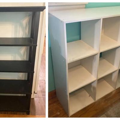 Brown Wood X-Frame Bookcase & White Open Cube Storage Cabinet