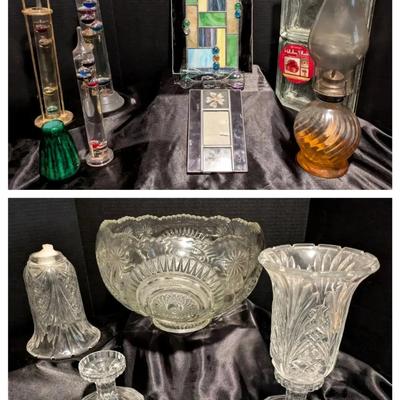Glass and Crystal Décor Collection with Galileo Thermometers, Kerosene Lamp, and Punch Bowl