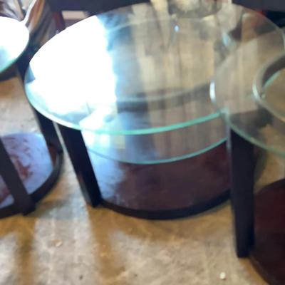 Round Glass-Top Coffee Table with Matching Pair of Side Tables