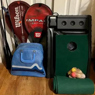 Sporting Goods Collection with Automatic Return Putting Mat, Bowling Ball Set, and Golf Equipment