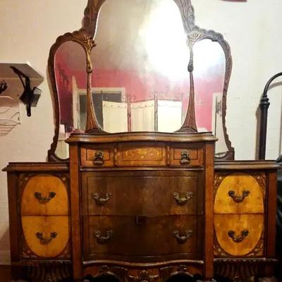 Ornate Vintage Wood Dresser with Triple Mirror and Carved Details