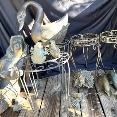 Brass Garden Décor Collection featuring Mermaid Statue, Plant Stands & Rain Chain