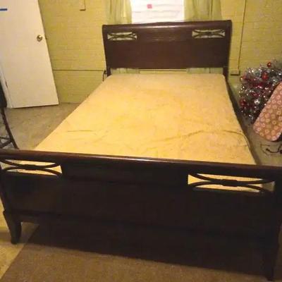 Vintage Cherry Wood Sleigh Bed Frame with Headboard, Footboard, and Rails