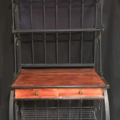 Black Wrought Iron Baker’s Rack with Wood Countertop and Drawers