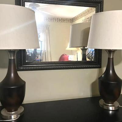 Pair of Wooden Table Lamps with Ornate Framed Wooden Wall Mirror