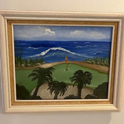 PPM022 Framed Original Painting Of A Golf Course By The Sea
