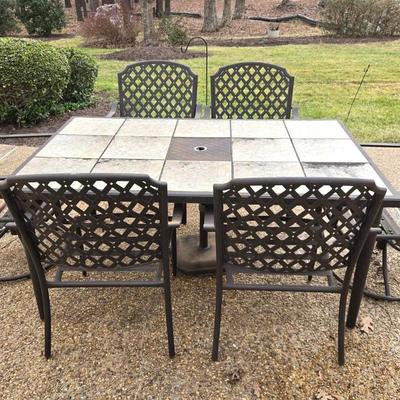 Patio Metal & Tile Table, 6 Chairs & Lounge Chair