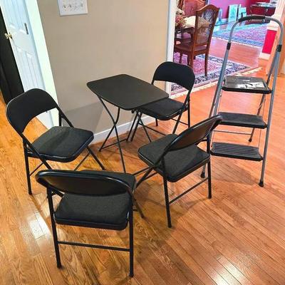 4 Folding Chairs, Table, & Step Ladder