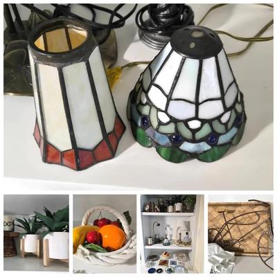 Decorative Lot: Stained Glass Lamps, Natural Objects, Faux Plants