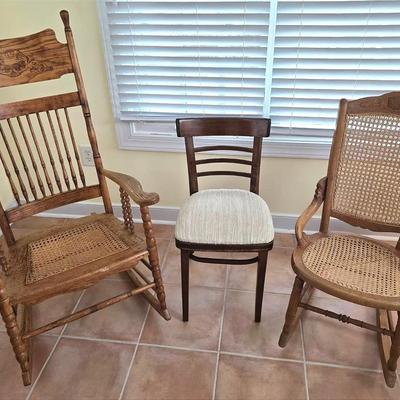 2 Vintage Caned Rocking Chairs & Bentwood Chair