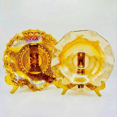 Vintage iridescent, Amber & Marigold Carnival Glass Plate & Fruit Bowl 