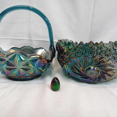 Carnival Glass Basket & Ruffled Bowl with Art Glass Teardrop Paperweight