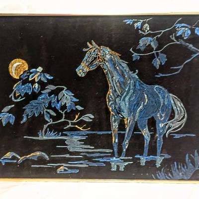 I/S +O/S*  Framed Midnight Horse Scene Artwork on Black Felt