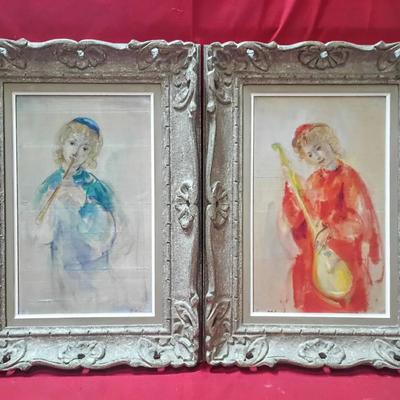 Pair of Vintage Hibel Watercolor Paintings — Framed Child Musicians