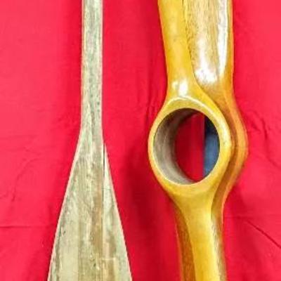 Two Vintage Wooden Canoe Paddles – Indian Head Brand & Sculptural Ring-Grip Paddle