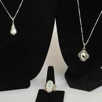 Sterling-White Buffalo- White Turquoise-Howlite Necklaces sz 17.5” and 20”; Ring sz 11