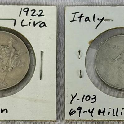 Italy Lira Coin Pair – 1922 1 Lira & 1956 50 Lira – Vintage Italian Coins