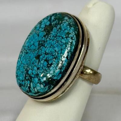 Large Oval Turquoise Ring – Sterling – Bold Spiderweb Matrix Statement Ring, Size ~7
