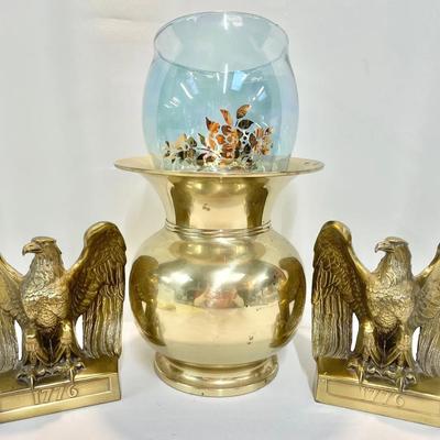 Pair Of Brass Eagle Bookends, Vintage Brass Spittoon And More 