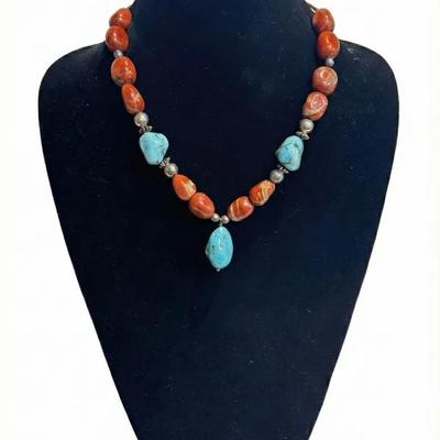 Sterling Turquoise & Carnelian Necklace l