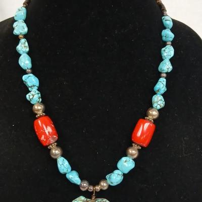 Turquoise & Coral Large Pendant Necklace