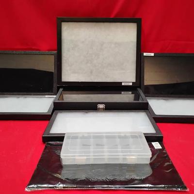 Lot of 7 Professional Jewelry Display Cases + Mat & Organizer Box