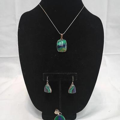 Sterling Silver Azurite–Malachite Jewelry Set — Necklace, Pendant & Drop Earrings