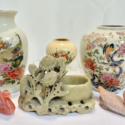 Japanese And Chinese Satsuma Vases W/ Fire Agate Ducks And Carved Soapstone Brush Pot