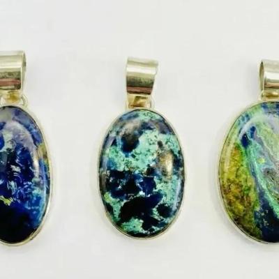 Oblong Azurite-Malachite Sterling Pendants 
