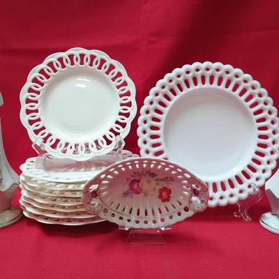 Vintage Decorative Porcelain & Milk Glass Assortment — Plates, Basket & Perfume Bottles