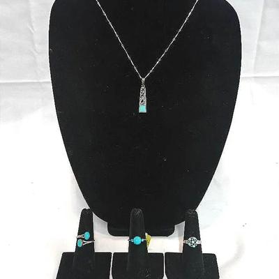 Sterling Silver Turquoise Jewelry Lot — Rings sz 6.75 & Pendant Necklaces 17.75” & 19.75”