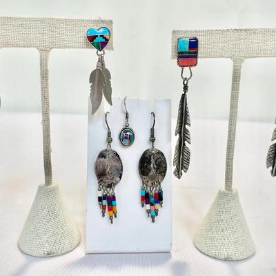 Native American Zuni-Style Sterling Feather Earrings 