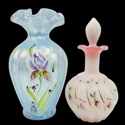 Fenton Artist Signed Art Glass / Vase & Perfume Bottle