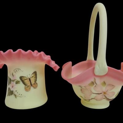 Hand-Painted Fenton Burmese Glass Basket & Ruffled Vase, Signed