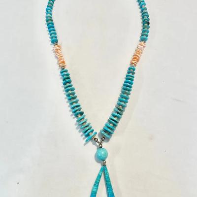 Santo Domingo Necklace W/ Graduated Turquoise Discs, Heishi Spacers And Spiny Oyster Shell