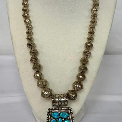 Vintage Navajo Sterling & Turquoise Pendant Necklace w/ Stamped Beads 20” length