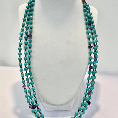 Multi-Strand Turquoise, Amethyst And Heishi Bead Necklace - Navajo Jeweler Charlene Little